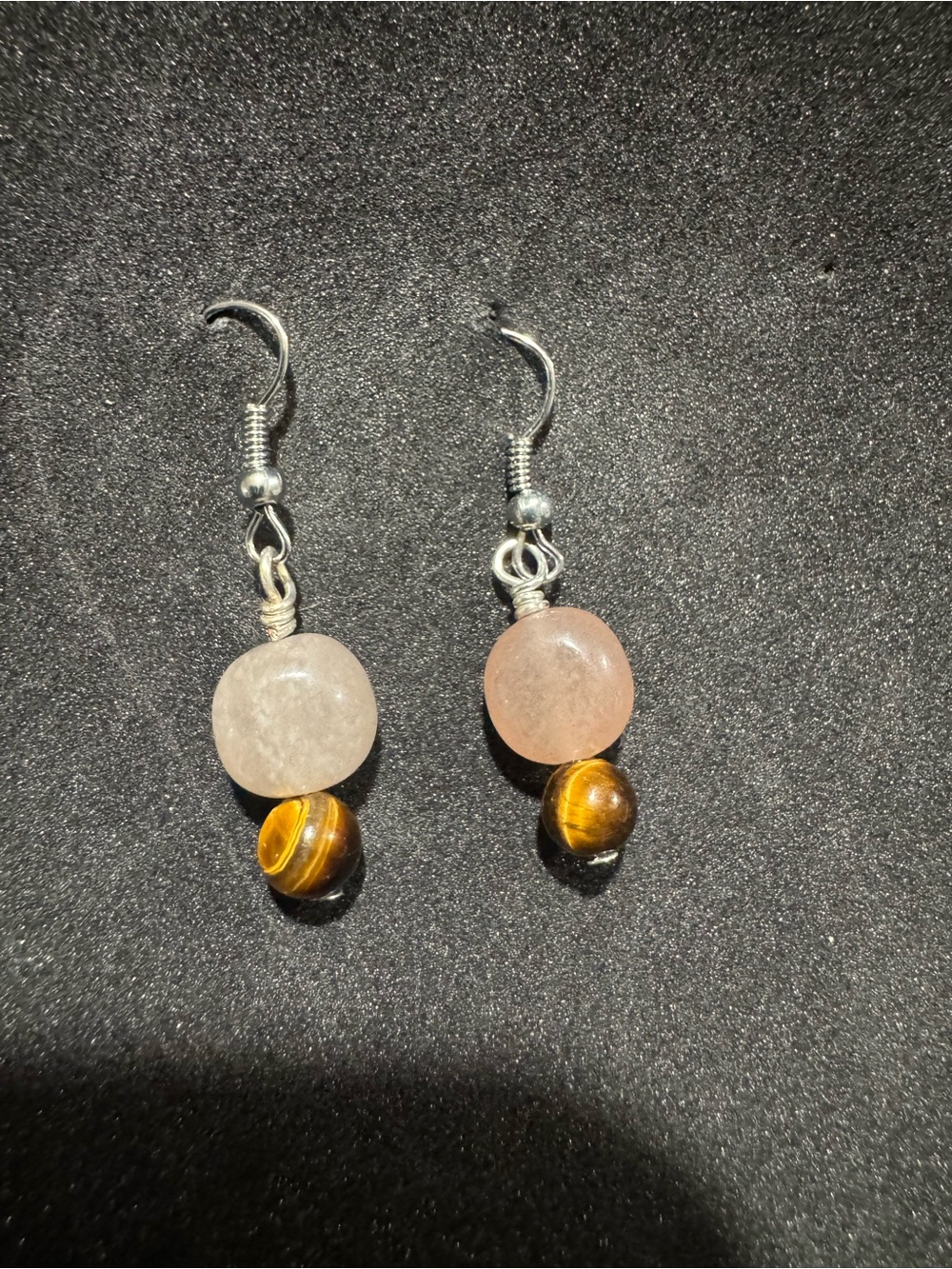 Handmade moonstone and Tiger Eye Dangle Earrings - Pink and Brown
